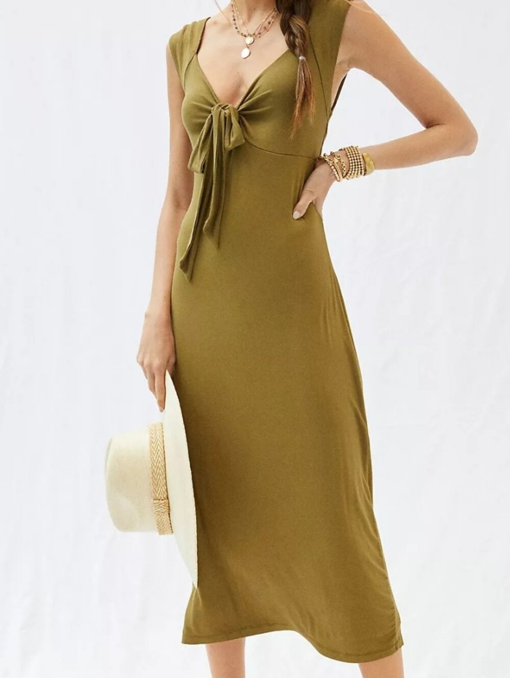Forever That Girl Tie Front Midi Dress L Olive Green Jersey Knit Slim Fit